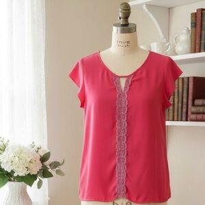 EXPRESS| Pretty Pink Flowy Cap Sleeve‎ Flowy Lace Trim Top Shirt Sz M